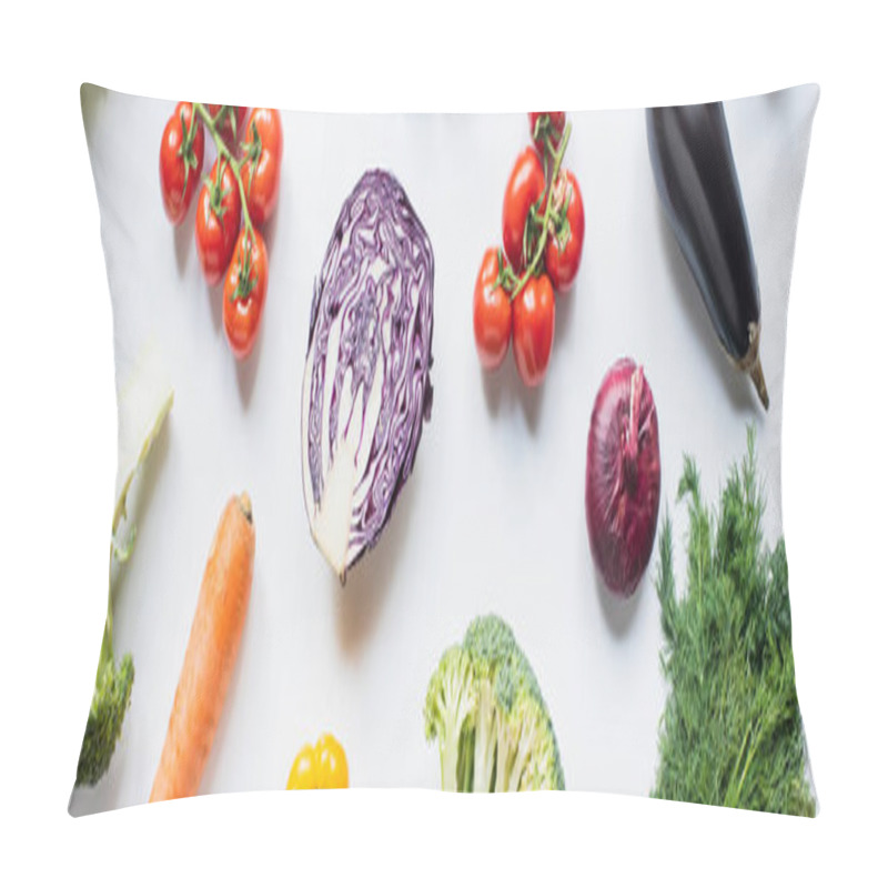 Personality  Top View Of Assorted Fresh Vegetables On White Background, Panoramic Shot Pillow Covers