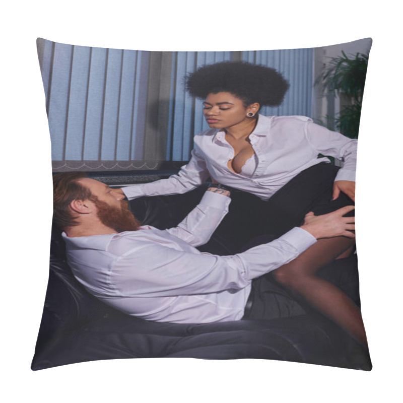 Personality  Bearded Businessman Hugging Sexy African American Woman On Couch At Night, Love Affair In Office Pillow Covers