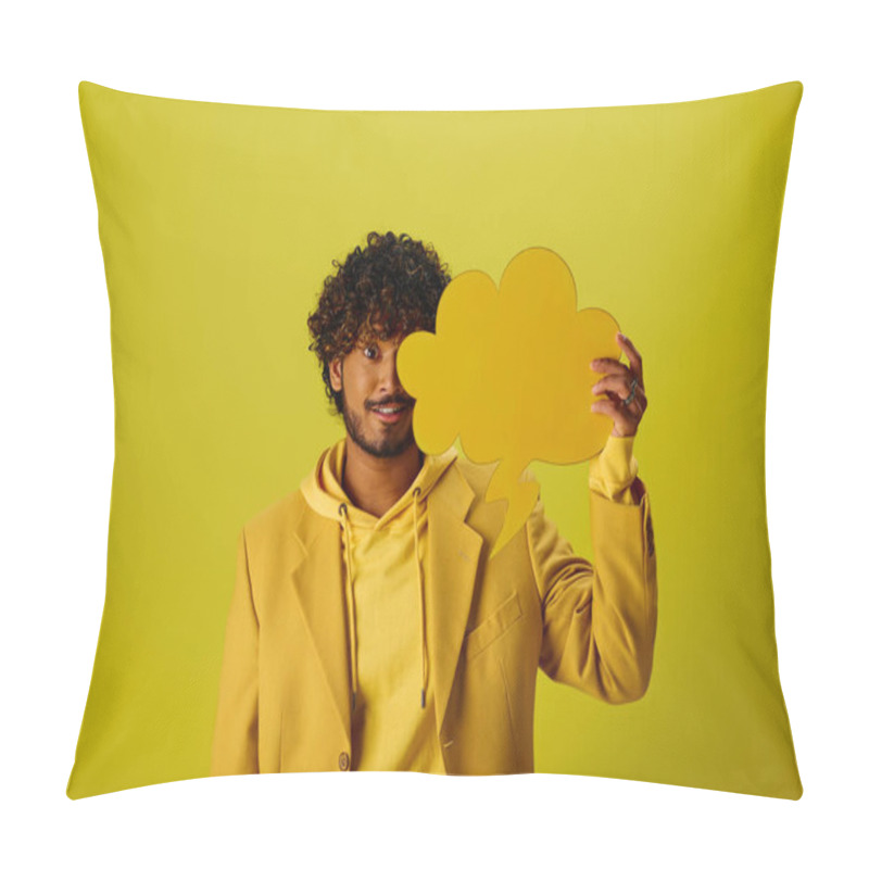 Personality  Handsome Indian Man In Yellow Jacket Holding Speech Bubble Against Vibrant Backdrop. Pillow Covers