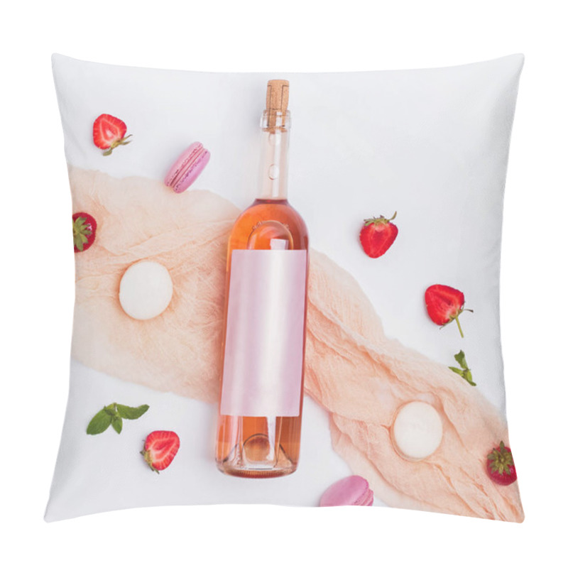 Personality  Rose Wine, Strawberries And French Dessert Macarons On The White Background, Top View Pillow Covers