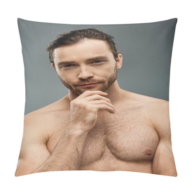 Personality  A Shirtless Man With A Beard, Deep In Thought, Hand Resting On His Chin, Against A Grey Studio Backdrop. Pillow Covers