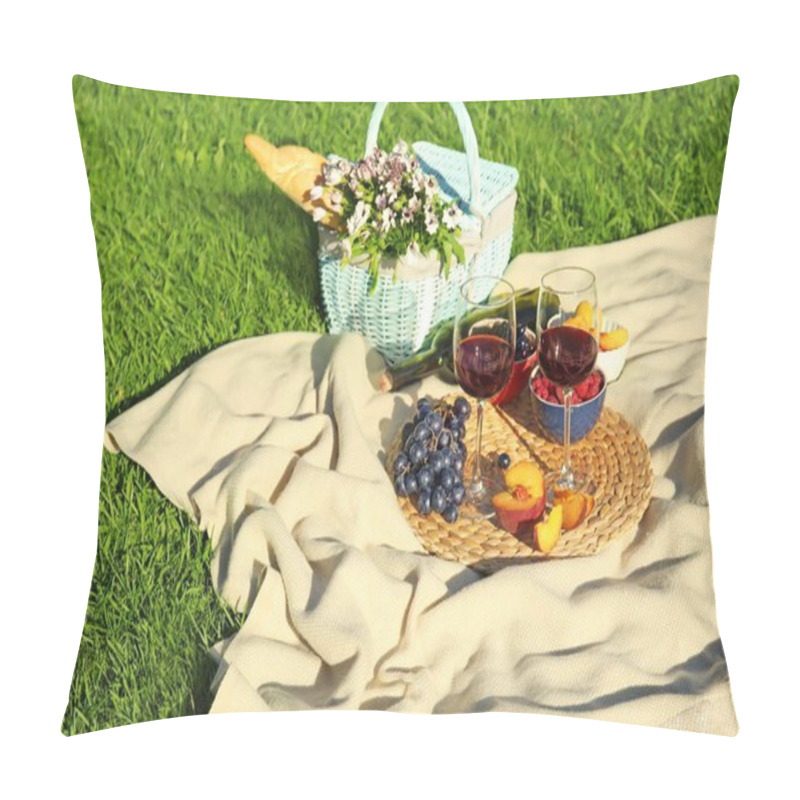 Personality  Composition With Ripe Fruits, Wine And Picnic Basket  Pillow Covers