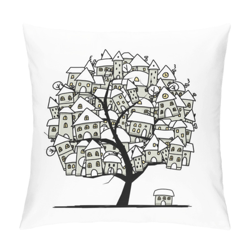 Personality  Winter City Sketch, Art Tree Concept For Your Design Pillow Covers