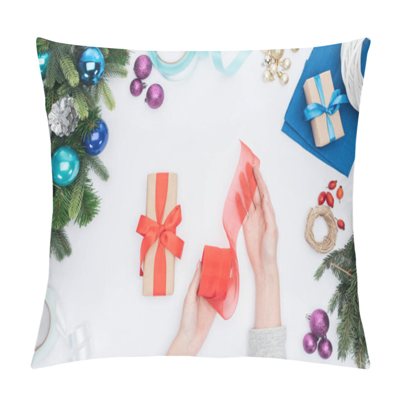 Personality  Partial View Of  Woman Holding Red Ribbon For Christmas Present Decoration Isolated On White Pillow Covers