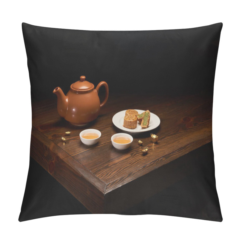 Personality  Tea Pot, Mooncakes And Cups On Wooden Table Isolated On Black Pillow Covers