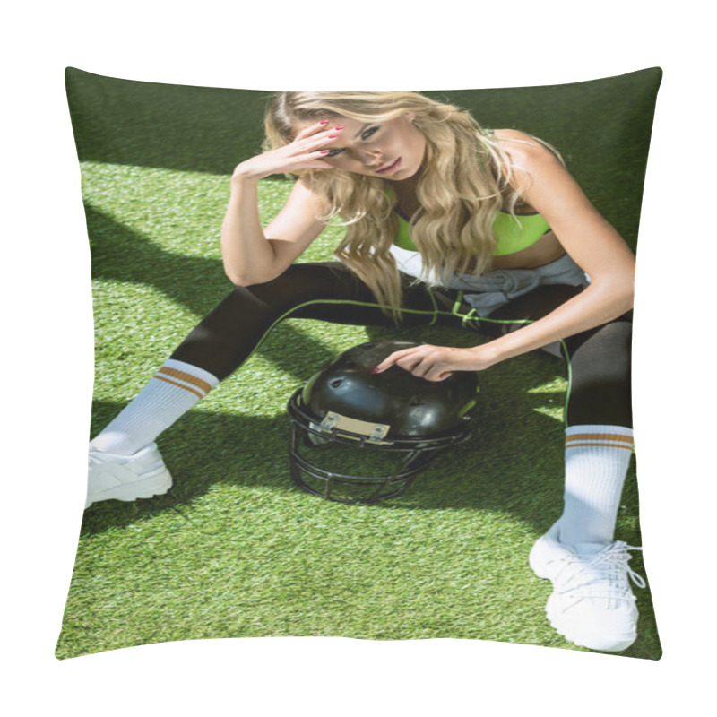 Personality  Overhead View Of Sporty Young Woman Sitting On Green Grass With American Football Helmet Pillow Covers