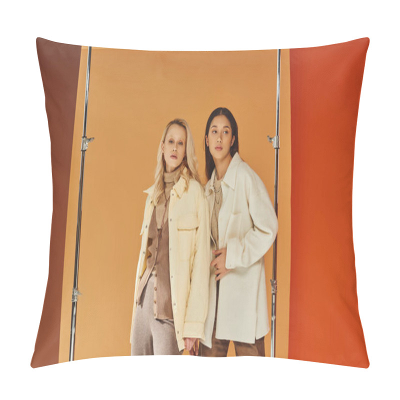 Personality  Autumn Fashion, Pretty Multicultural Models In Warm Season Attire Posing On Colorful Pastel Backdrop Pillow Covers