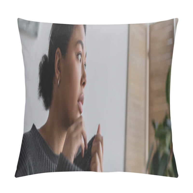 Personality  Frustrated Multiracial Woman With Depression Looking Away At Home, Banner  Pillow Covers