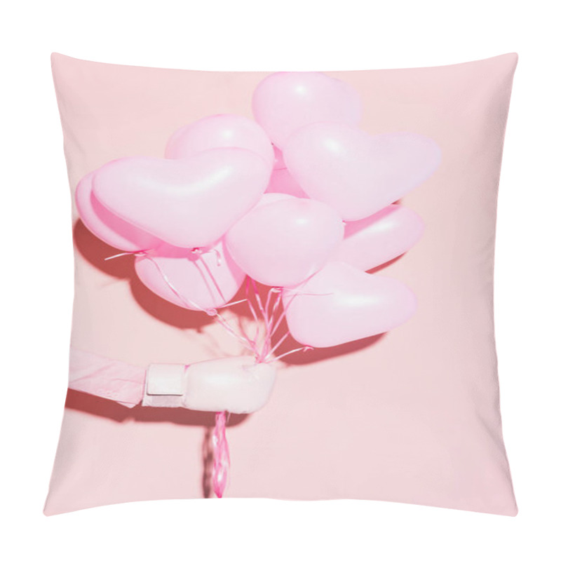 Personality  Cropped View Of Woman In Boxing Glove Holding Balloons On Pink Background  Pillow Covers