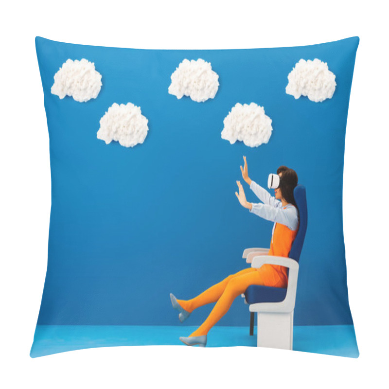 Personality  Side View Of African American In Vr Headset With Outstretched Hands Sitting On Seat On Blue Background With Clouds  Pillow Covers