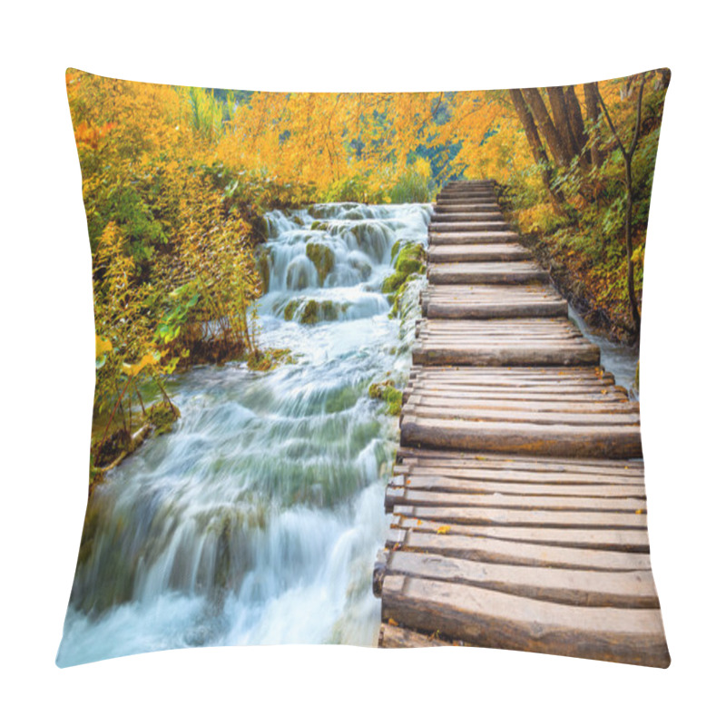 Personality  Scenic Waterfalls And Wooden Path -  Fall Season Pillow Covers