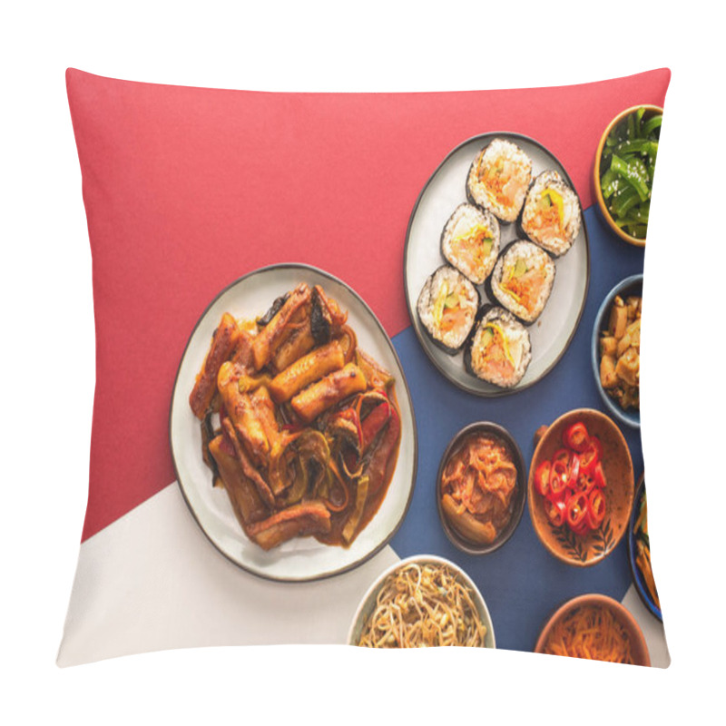 Personality  Top View Of Korean Topokki Near Bowls With Spicy Side Dishes On Blue, Crimson And White  Pillow Covers