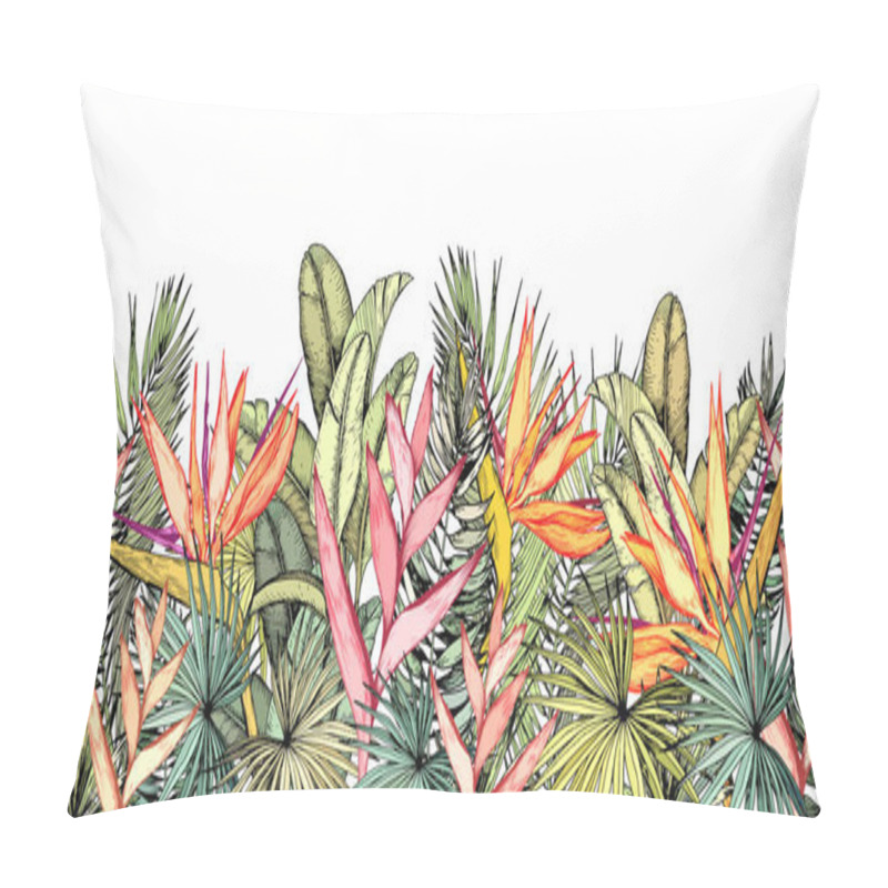 Personality  Endless Horizontal Border With Tropical Palm Leaves, Heliconia And Strelitzia Flowers. Pillow Covers