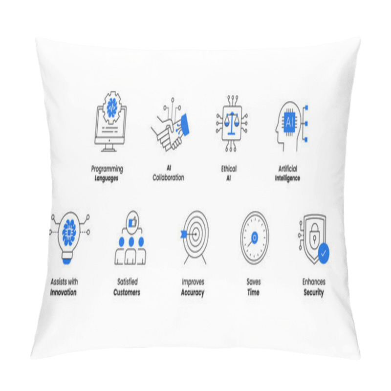 Personality  AI Technology And Benefits Icons. A Collection Of Visuals Emphasising Programming, Collaboration, Ethical AI, Innovation, And AI Role In Security And Customer Satisfaction. Pillow Covers