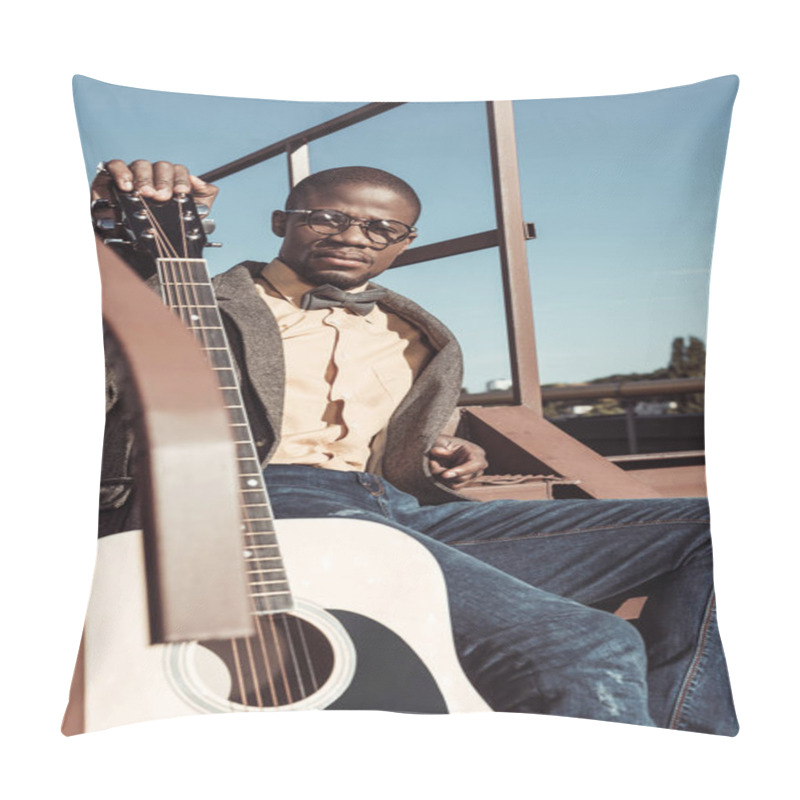 Personality  Stylish Man Posing On Stairs With Guitar Pillow Covers