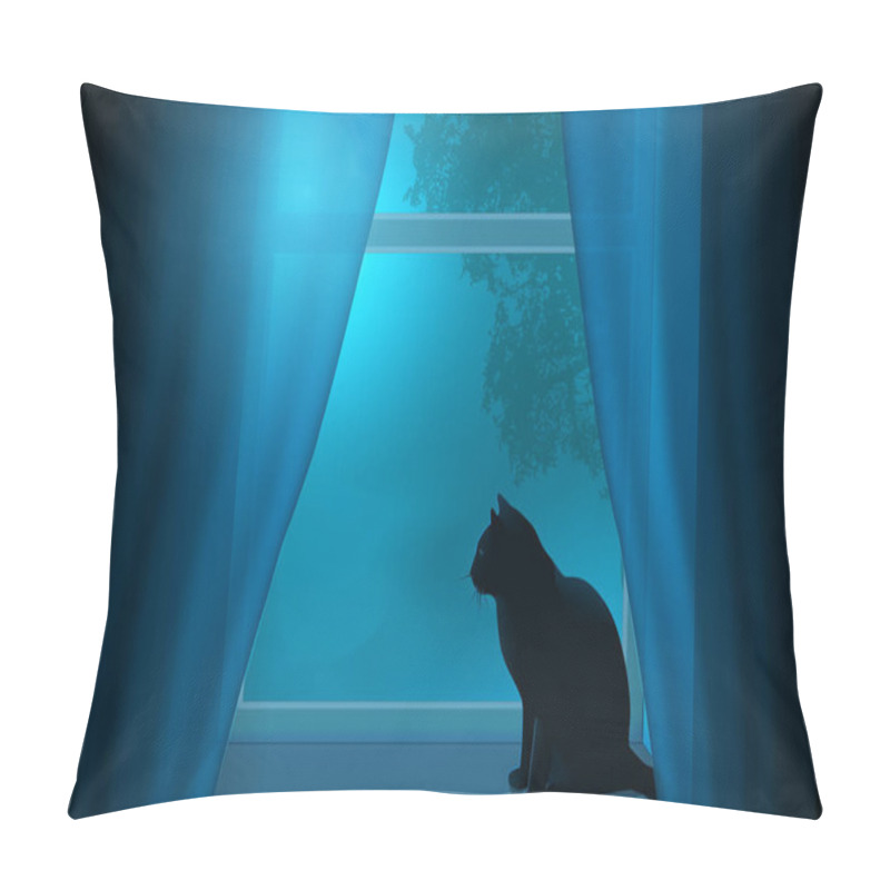 Personality  Silhouette Of A Cat Sitting On A Windowsill Under The Light Of The Moon In A Window. Pillow Covers