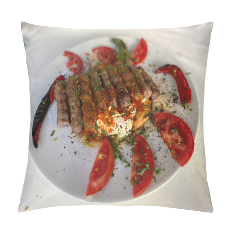 Personality  Turkish Manisa Kebap Served On Pita Bread Covered With Sauce And Yogurt. Ready To Eat. Pillow Covers