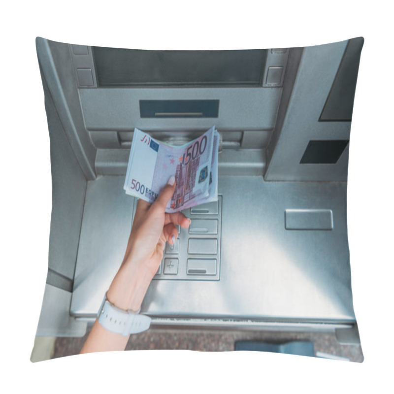 Personality  Top View Of Woman Taking Money From Atm Machine  Pillow Covers