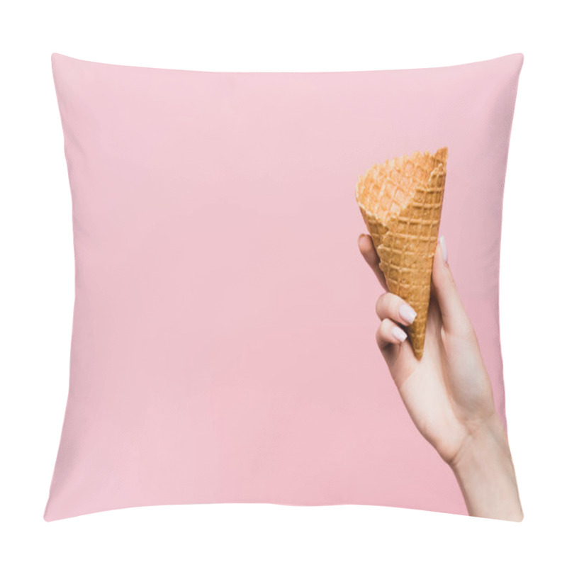 Personality  Cropped View Of Woman Holding Waffle Cone Isolated On Pink Pillow Covers