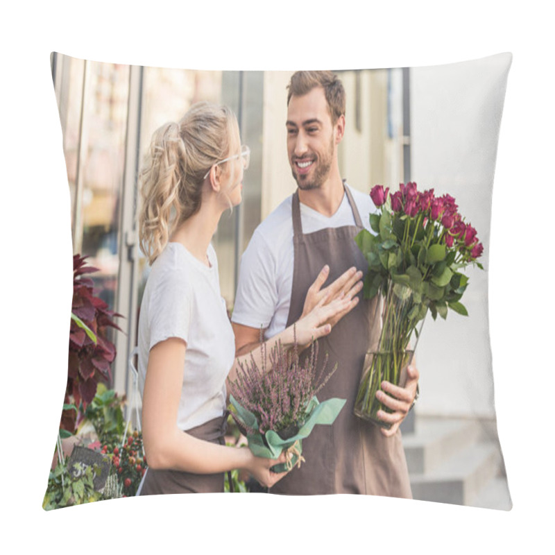 Personality  Happy Colleagues Talking And Standing Near Flower Shop With Potted Plant And Burgundy Roses Pillow Covers