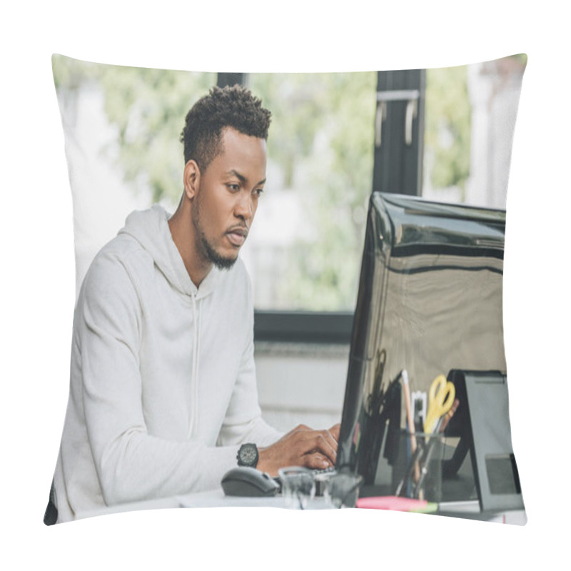 Personality  Concentrated African American Programmer Working On Computer In Office Pillow Covers