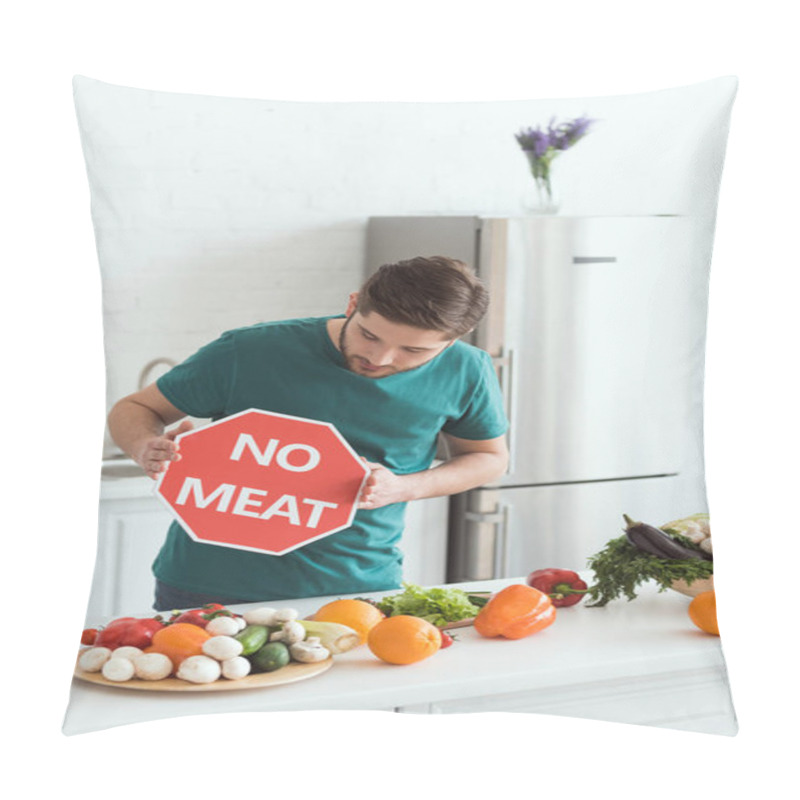 Personality  Handsome Vegan Man Looking At No Meat Sign In Kitchen Pillow Covers