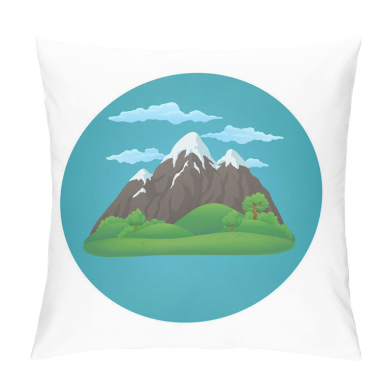 Personality  Summer, Spring Day Vector Icon. Broad Snowy Mountain With Three Peaks With Green Hills, Lush Green Trees And Bushes On A Blue Circle With Clouds. Pillow Covers