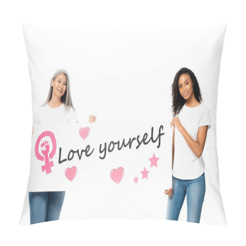 Personality  Happy African American And Asian Women Holding Placard With Love Yourself Lettering And Women Power Sign Isolated On White  Pillow Covers