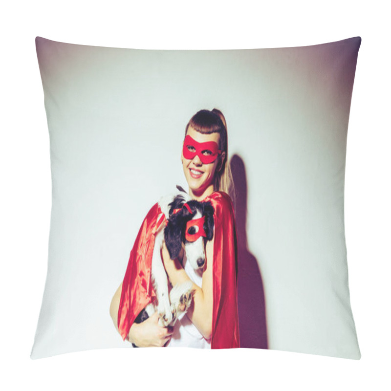 Personality  Portrait Of Smiling Woman Holding Puppy In Superhero Costume Pillow Covers