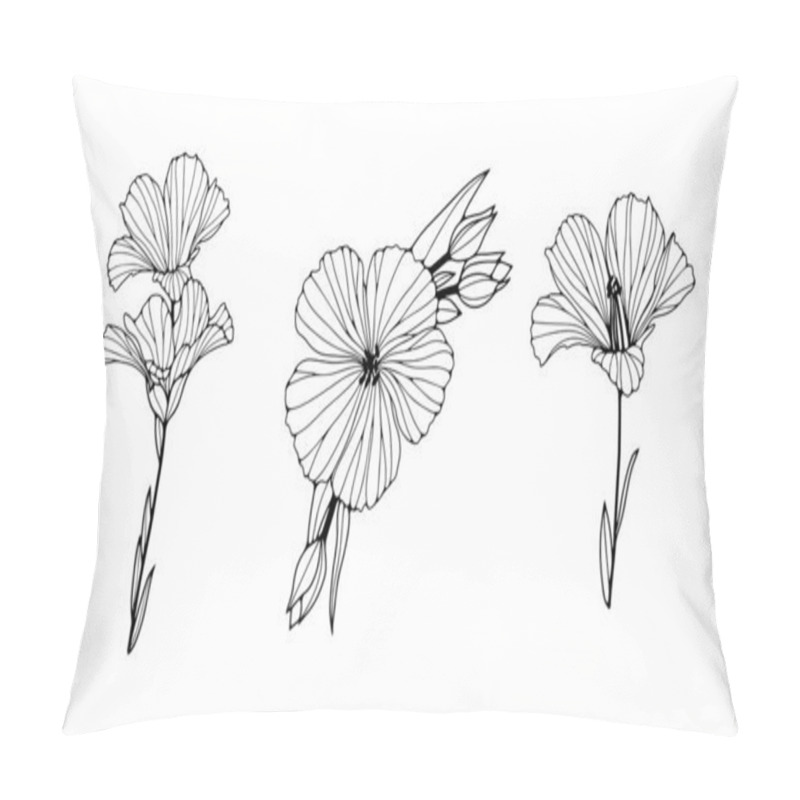 Personality  Set Of Flax Flowers Line Art Drawings. Editable Line. Black And White Monochrome Art. Modern Ink Style Sketch. Vector Illustrations. Pillow Covers