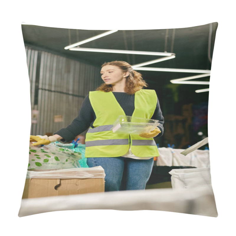 Personality  Young Volunteer In Safety Vest Holding A Bowl Of Food, Sorting Waste For Eco-conscious Practices. Pillow Covers