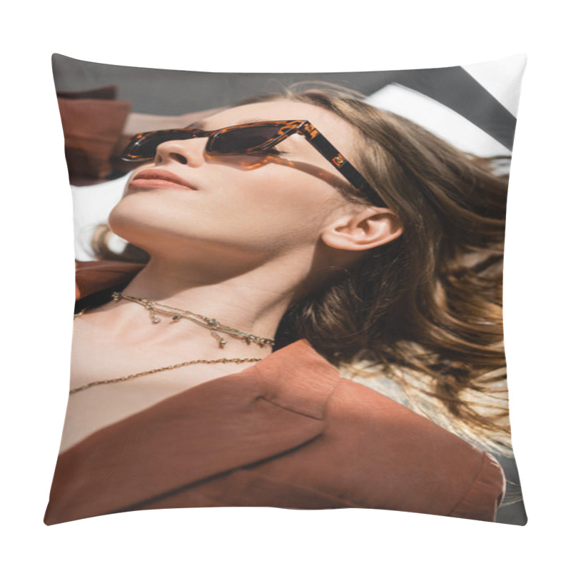 Personality  Top View Of Pretty Young Woman With Long Hair And Natural Makeup Wearing Terracotta And Trendy Suit With Blazer And Golden Necklace While Posing In Sunglasses On Grey Background, Beautiful Model  Pillow Covers