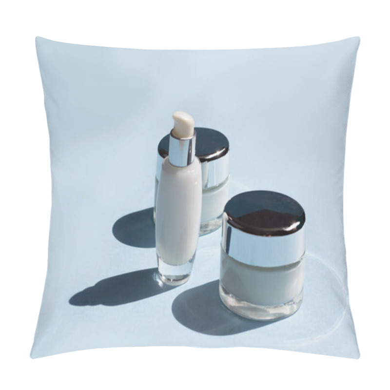 Personality  Face Cosmetics. Jars Of Cream, Serum And Face Mask On A Blue Background With Hard Shadows. Beauty Blogger, Procedures Salon Concept. Minimalism. Pillow Covers