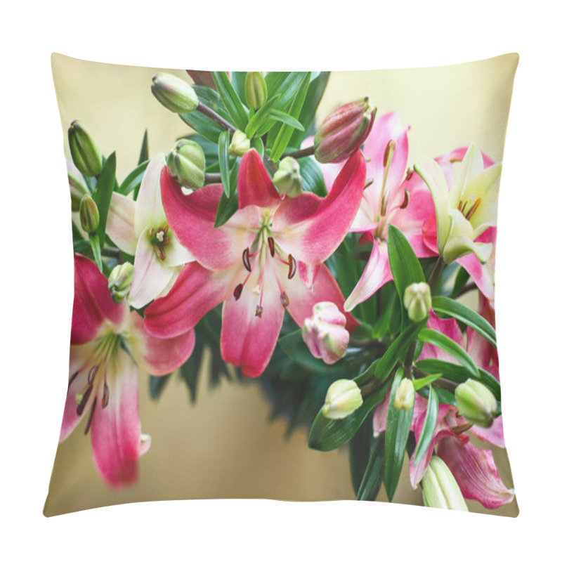 Personality  Overhead View Of Beautiful Dark Pink And White Asiatic Lilies (Oriental Lily), Lilium Hybrid; Over A Copper Background. Image Shot From Top View.  Pillow Covers