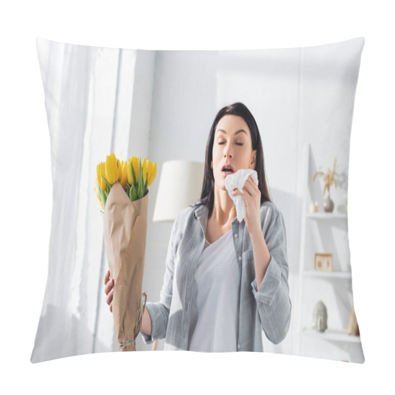 Personality  Attractive Woman With Pollen Allergy Sneezing While Holding Tulips  Pillow Covers