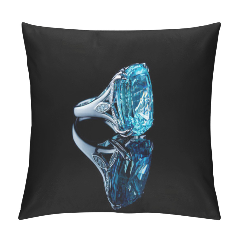 Personality  Beautiful Gold Ring With Aquamarine And Diamonds On A Black Background Close Up Pillow Covers