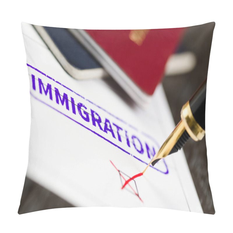 Personality  Immigration Application Refused, Close Up Shot Of A Form, Passports And Pen. Pillow Covers