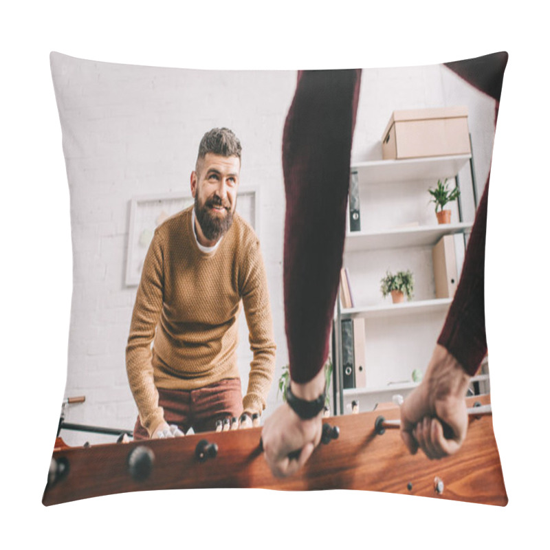 Personality  Smiling Adult Man Playing Table Football Game With Friend At Home Pillow Covers