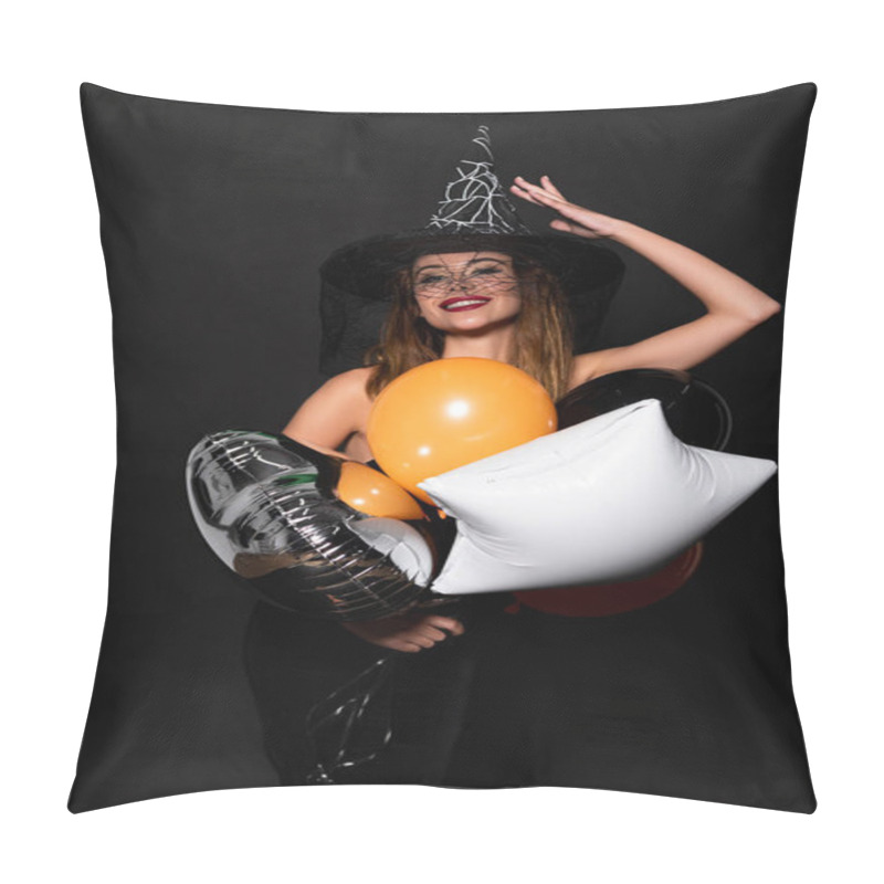 Personality  Happy Woman Touching Witch Hat Near Balloons On Black  Pillow Covers