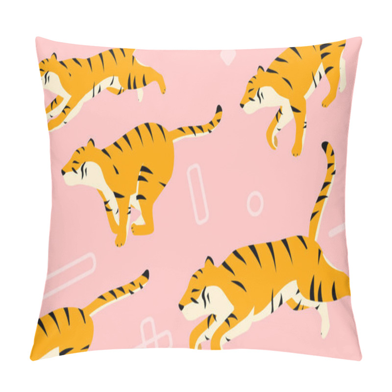 Personality  A Flock Of Tigers Running Through, Out Of Sight, Pop Symbols And A Pink Background Pillow Covers