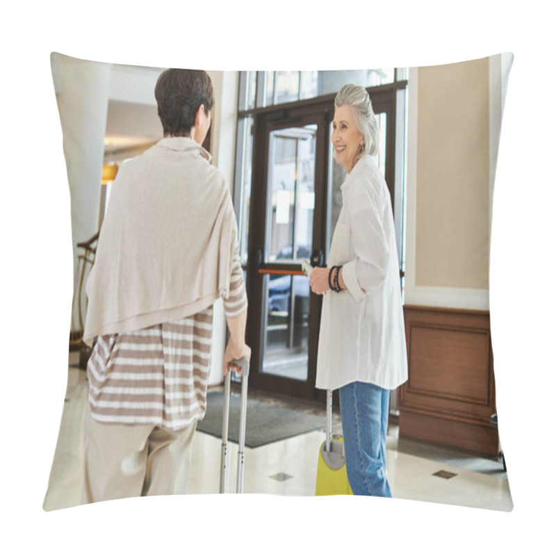 Personality  Senior Lesbian Couple Walk Hand In Hand Through A Bustling Airport. Pillow Covers