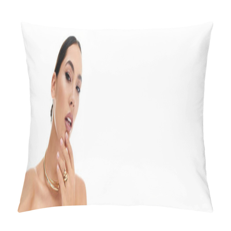 Personality  A Young Beautiful Woman Delicately Poses While Highlighting Her Stunning Jewelry. Pillow Covers