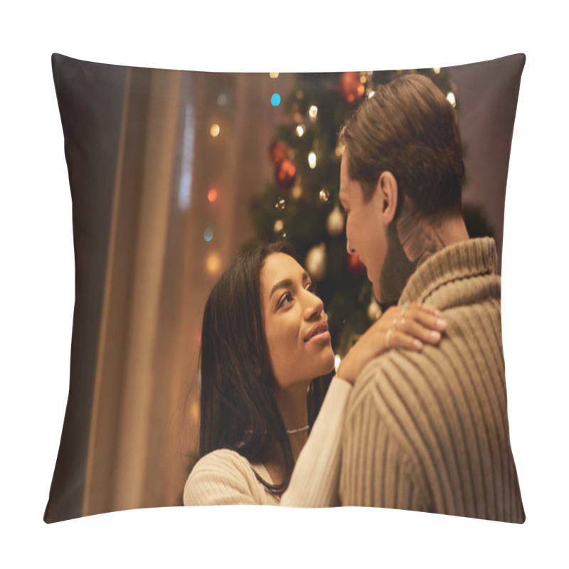 Personality  A Couple Embraces Lovingly Under The Soft Glow Of Christmas Lights At Home, Radiating Warmth. Pillow Covers