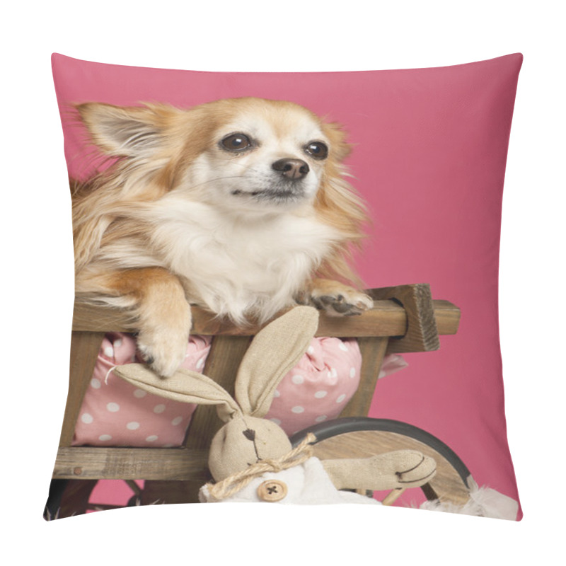 Personality  Chihuahua Lying In Wooden Dog Bed Wagon With Stuffed Animal In Front Of Pink Background Pillow Covers