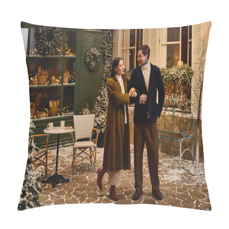 Personality  Romantic Moments Unfold As A Couple Strolls Through A Winter Wonderland In A Cozy Cafe Setting. Pillow Covers