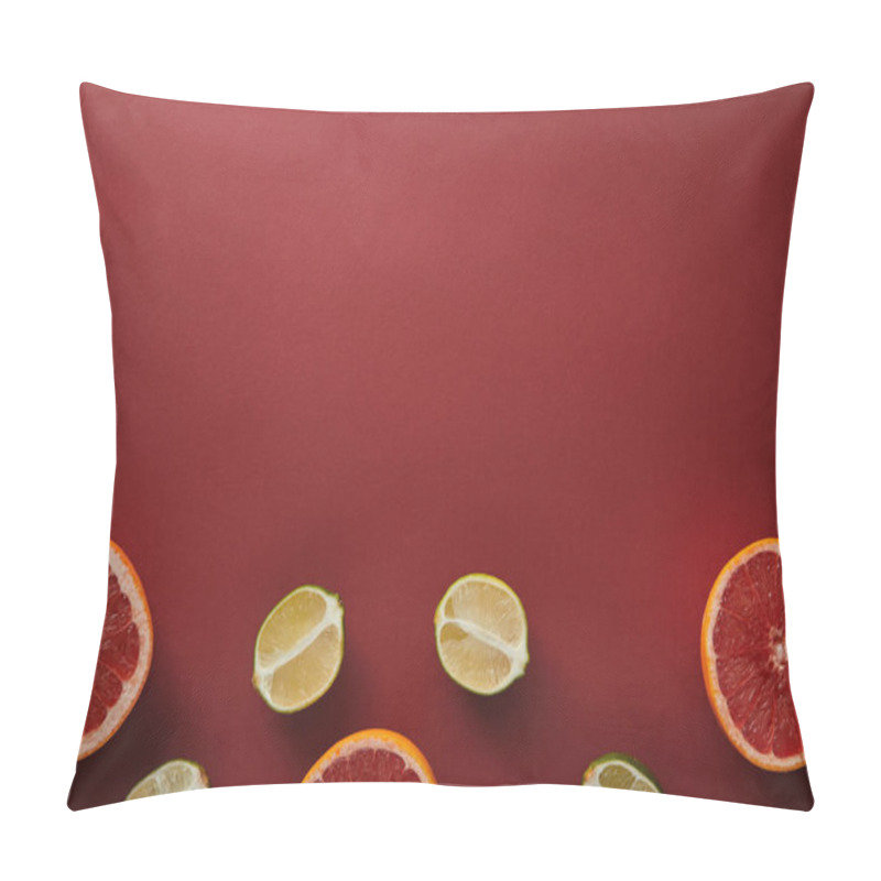 Personality  Top View Of Grapefruits And Limes On Red Surface Pillow Covers