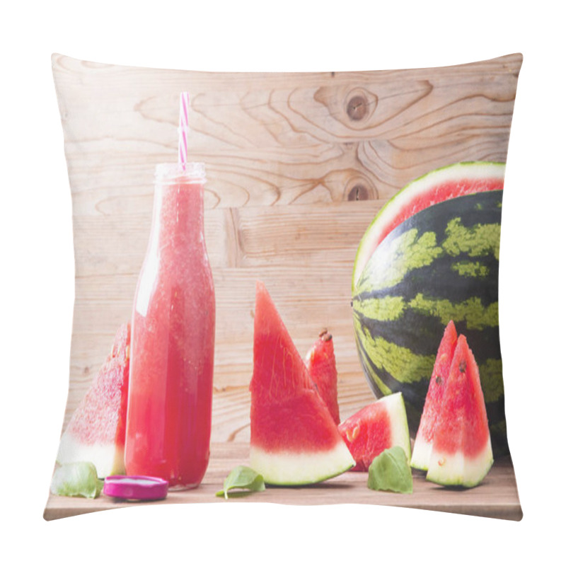 Personality  Fresh Watermelon Smoothie In The Mason Jar On Wooden Background. Summer, Healthy Organic Food Concept. Pillow Covers