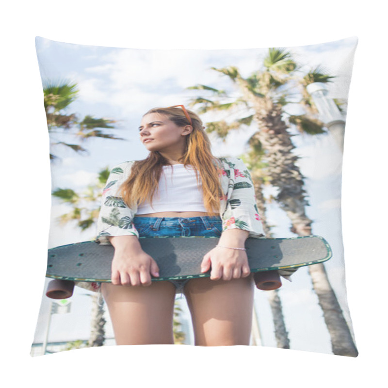 Personality  Trendy Woman Holding Her Longboard Pillow Covers