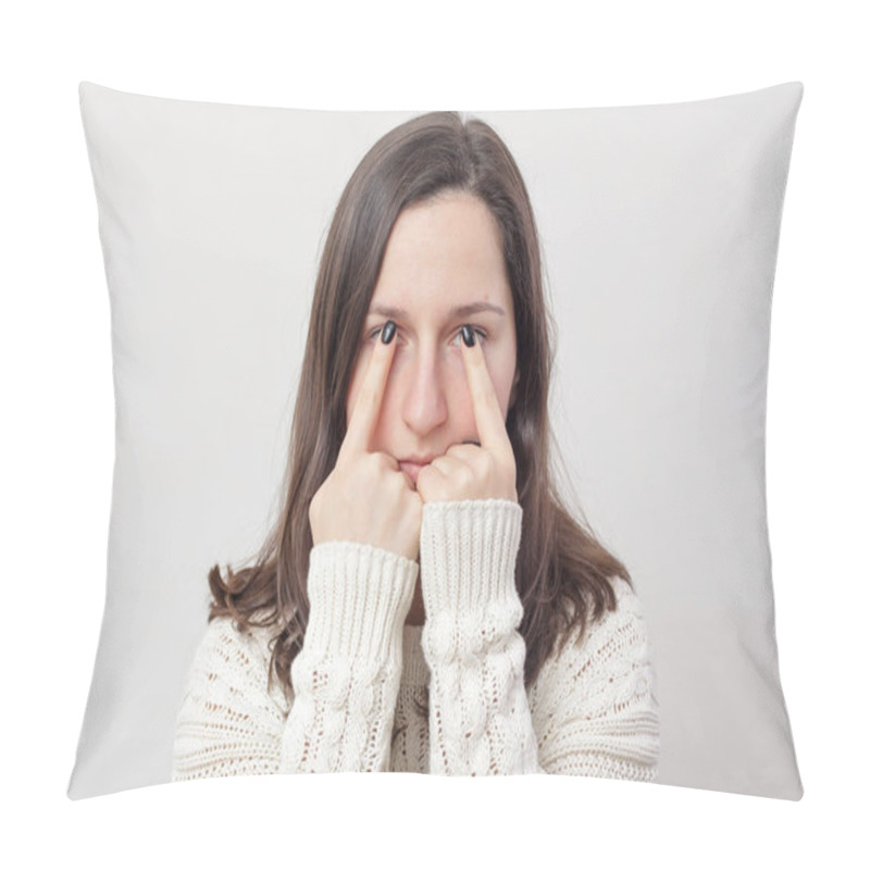 Personality  Girl  Holding Her Fingers In Front Of Eyes.  Pillow Covers