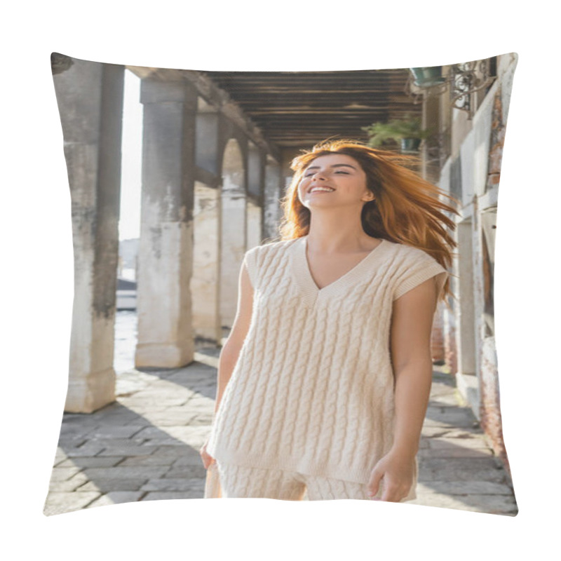 Personality  Happy Redhead Woman In Sleeveless Jumper Standing On Wind On Venetian Street Pillow Covers